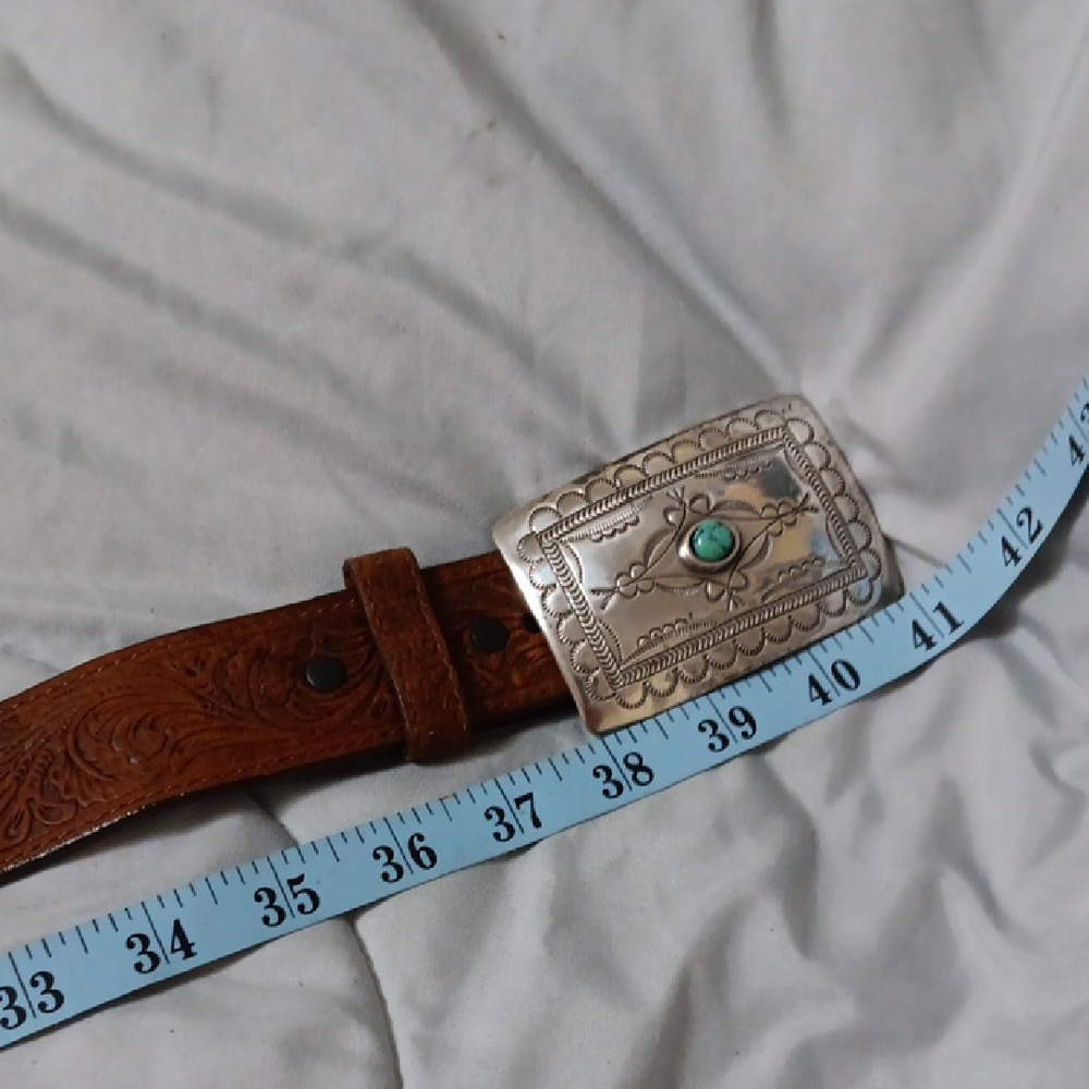 Brown Leather Belt with Silver Buckle Turquoise Stone and middle.